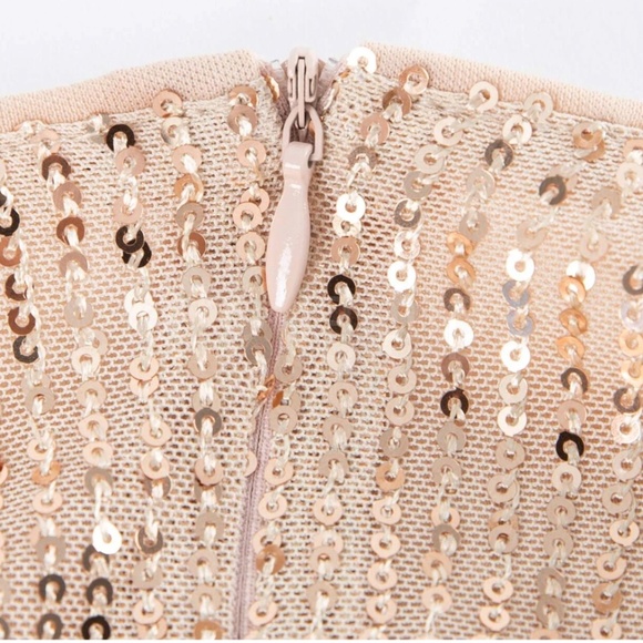 Gold Sequins on Beige V-Neck Surplice Long Sleeve Belted Mini Dress Short - Picture 7 of 11